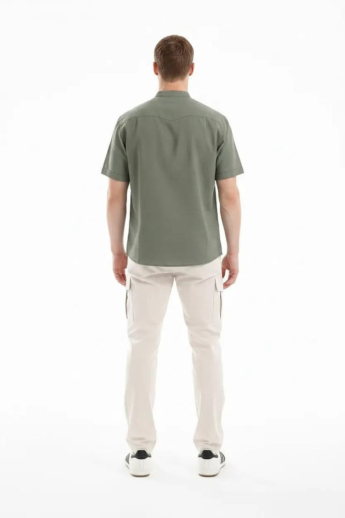 Men Fern Mandarin Collar Pockets T-shirt