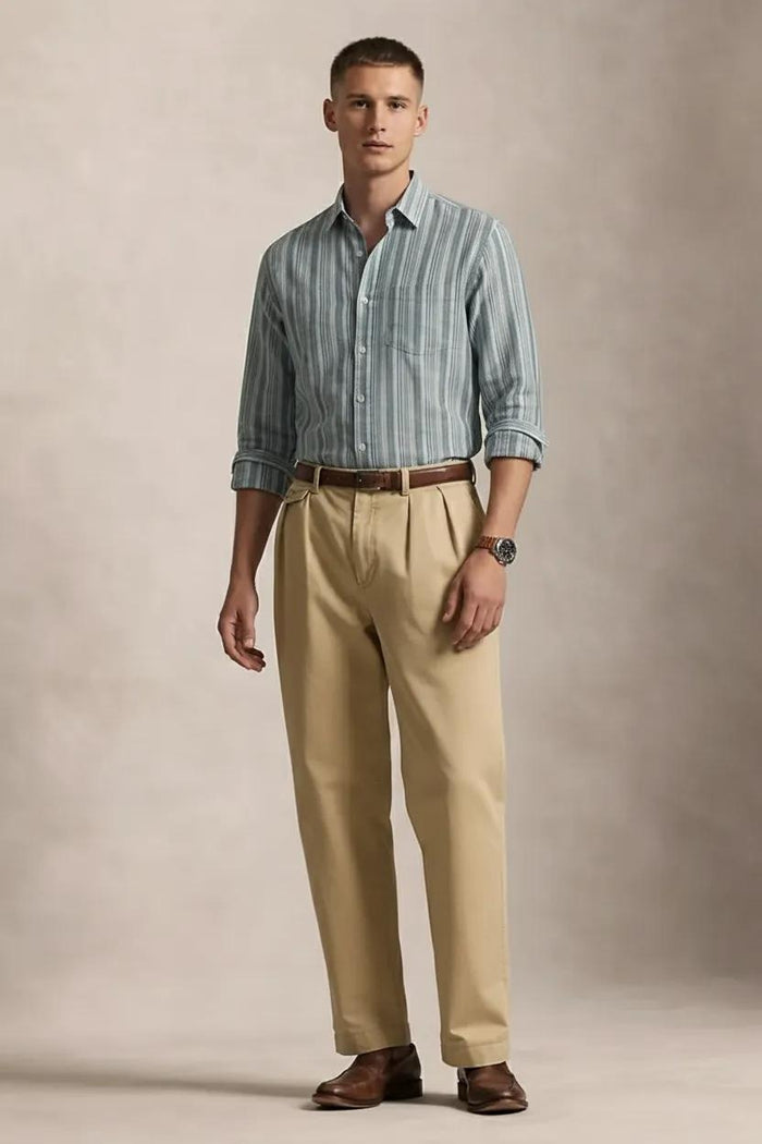 Men Fern Striped Spread Collar Cotton Shirt