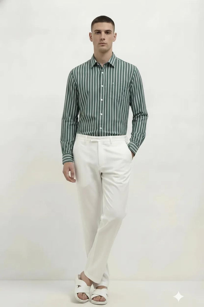 Men Forest Green Striped Casual Shirt