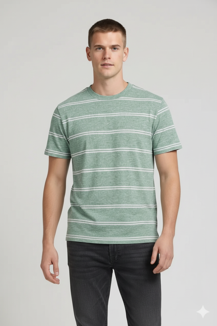 Men Green Melange Striped Round Neck T-shirt