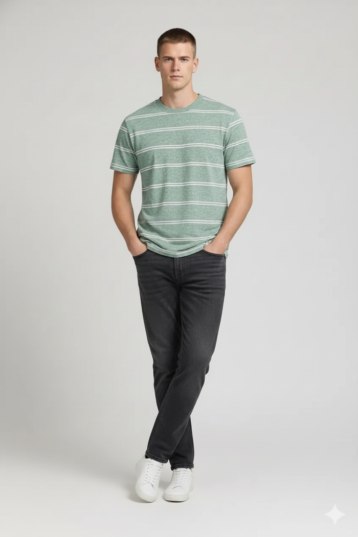 Men Green Melange Striped Round Neck T-shirt