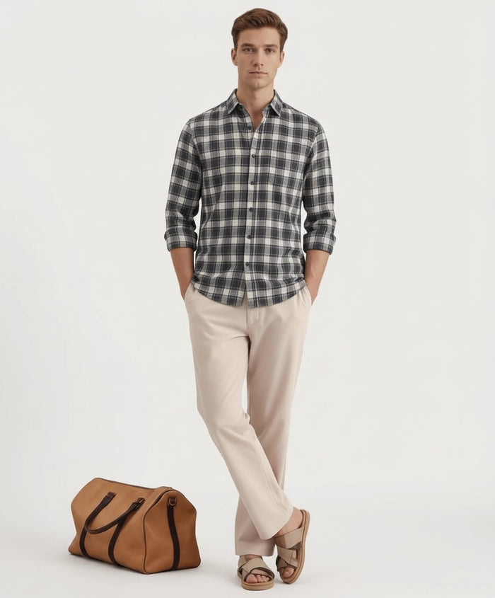 Men Grey Melange Checked Polo Neck Casual Shirt