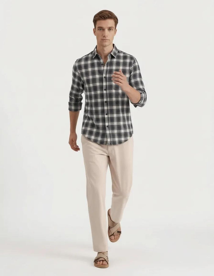 Men Grey Melange Checked Polo Neck Casual Shirt