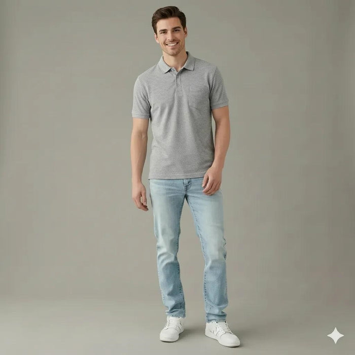 Men Grey Melange Polo Collar Pockets T-shirt
