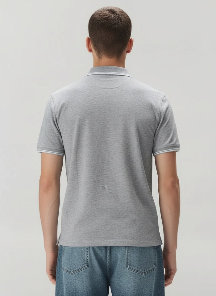Men Grey Melange Polo Collar Pockets T-shirt