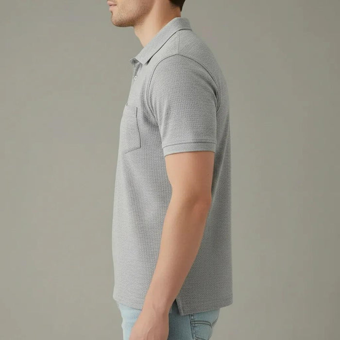 Men Grey Melange Polo Collar Pockets T-shirt
