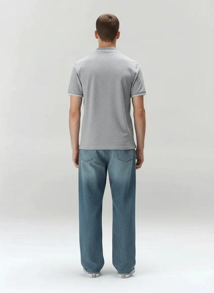 Men Grey Melange Polo Collar Pockets T-shirt