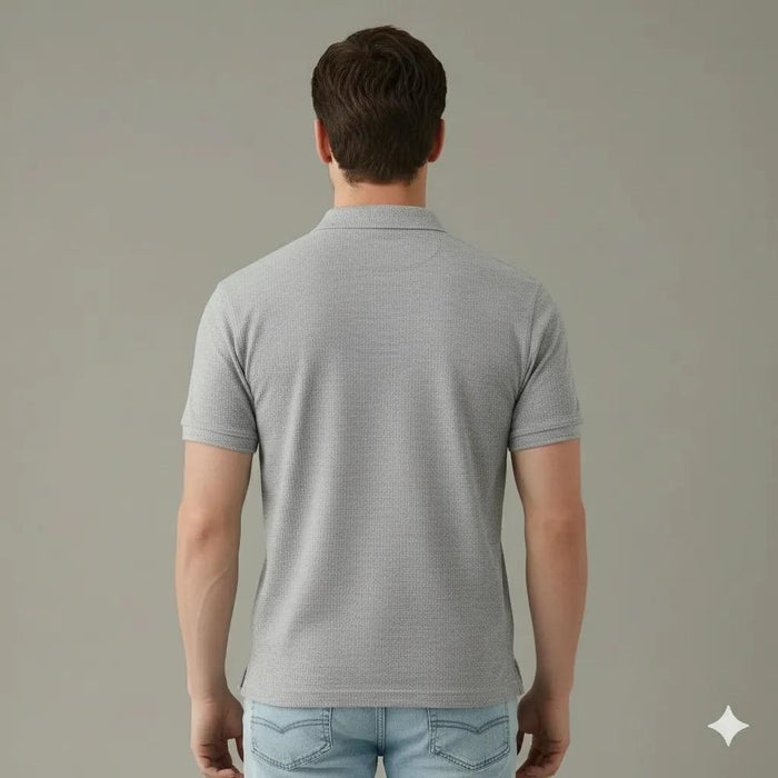 Men Grey Melange Polo Collar Pockets T-shirt