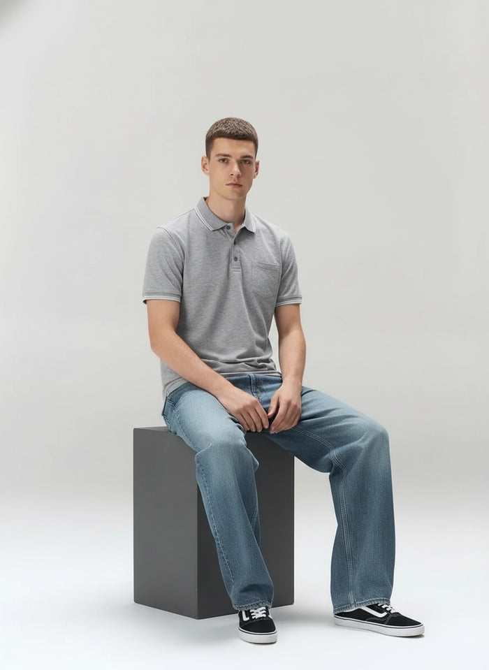Men Grey Melange Polo Collar Pockets T-shirt