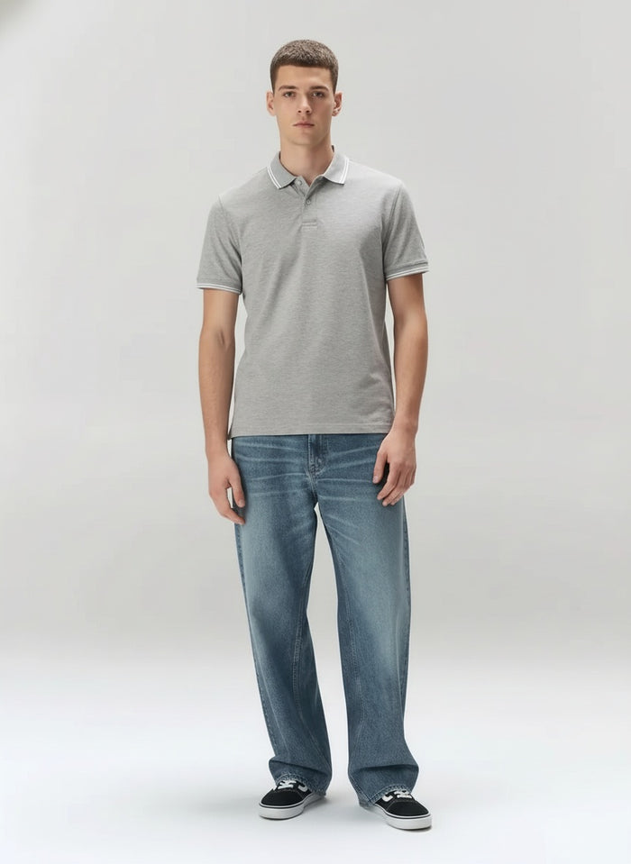 Men Grey Melange Polo Collar SolidT-shirt