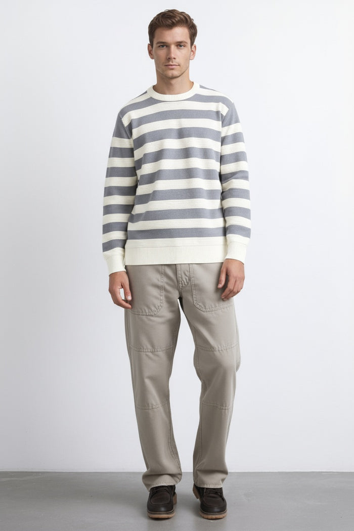 Men Grey Melange Striped Round Neck Pullover Sweater