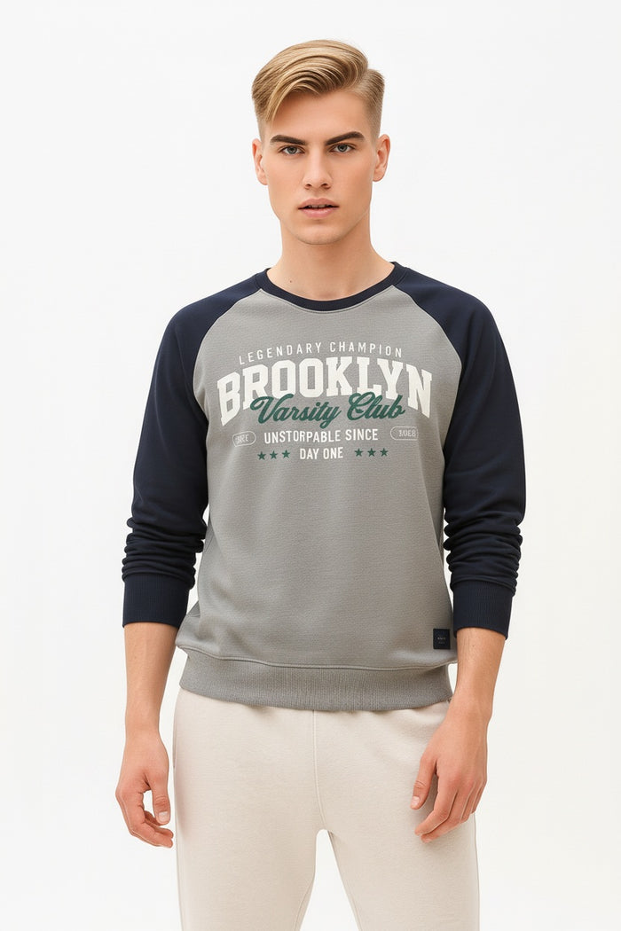 Men Grey Melange Typography Colourblocked Round Neck  T-shirt