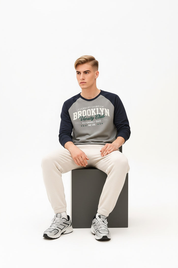 Men Grey Melange Typography Colourblocked Round Neck  T-shirt