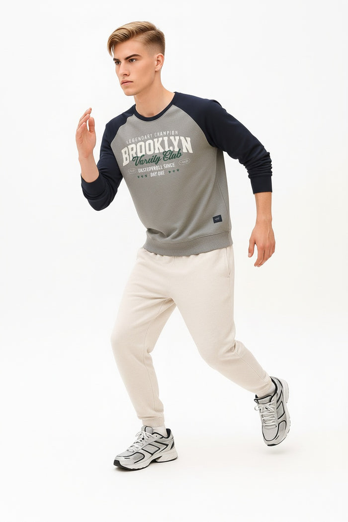 Men Grey Melange Typography Colourblocked Round Neck  T-shirt