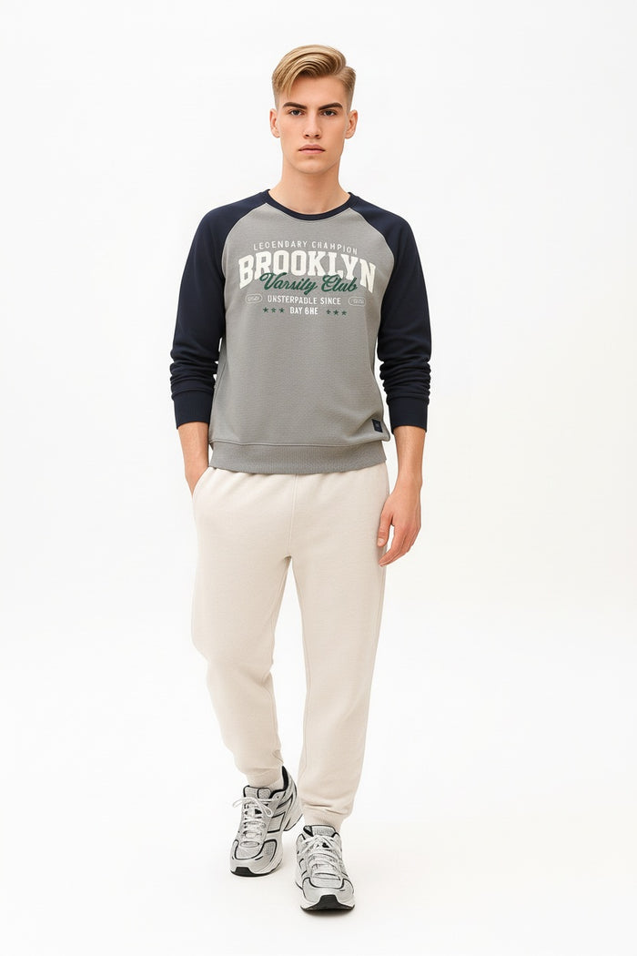 Men Grey Melange Typography Colourblocked Round Neck  T-shirt