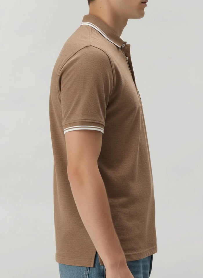 Men Khaki Melange Polo Collar Pockets T-shirt