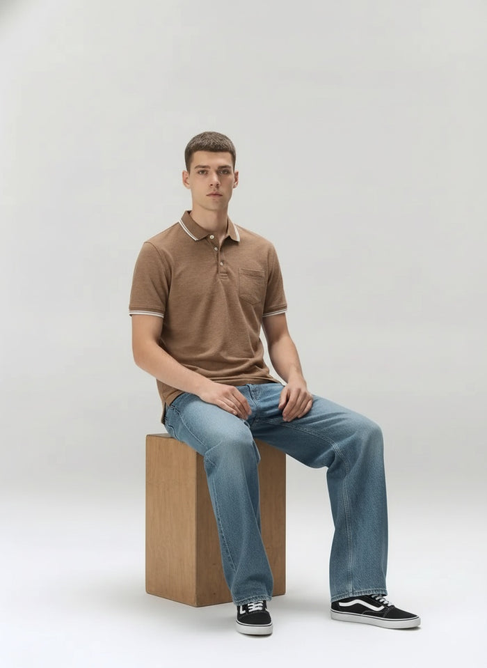 Men Khaki Melange Polo Collar Pockets T-shirt