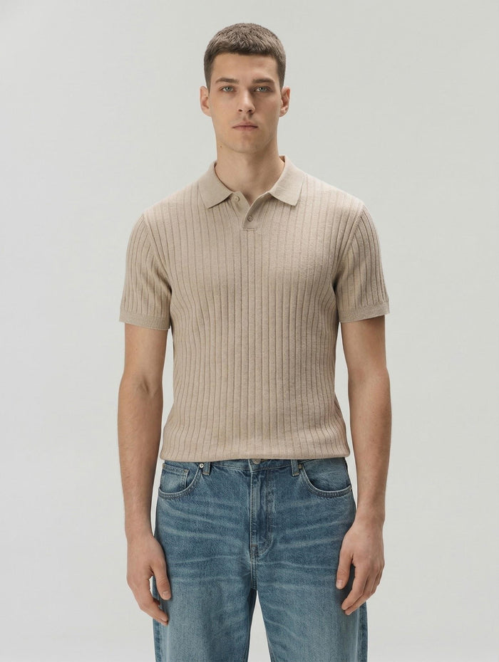 Men Khaki Melange Striped Polo Collar T-shirt