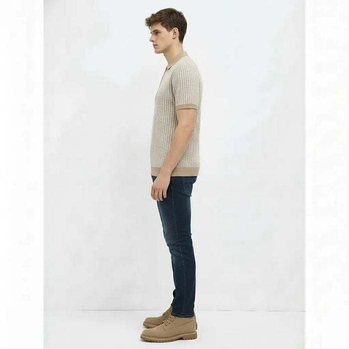 Men Khaki Melange Striped Polo Collar T-shirt