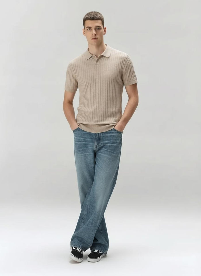 Men Khaki Melange Striped Polo Collar T-shirt