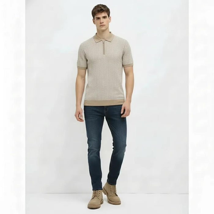 Men Khaki Melange Striped Polo Collar T-shirt