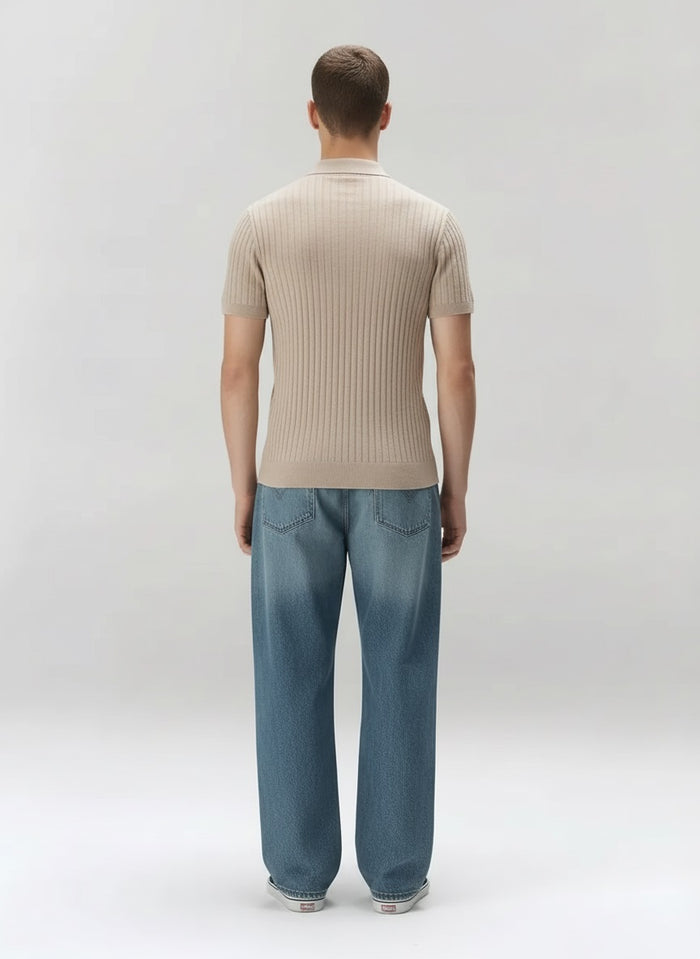 Men Khaki Melange Striped Polo Collar T-shirt