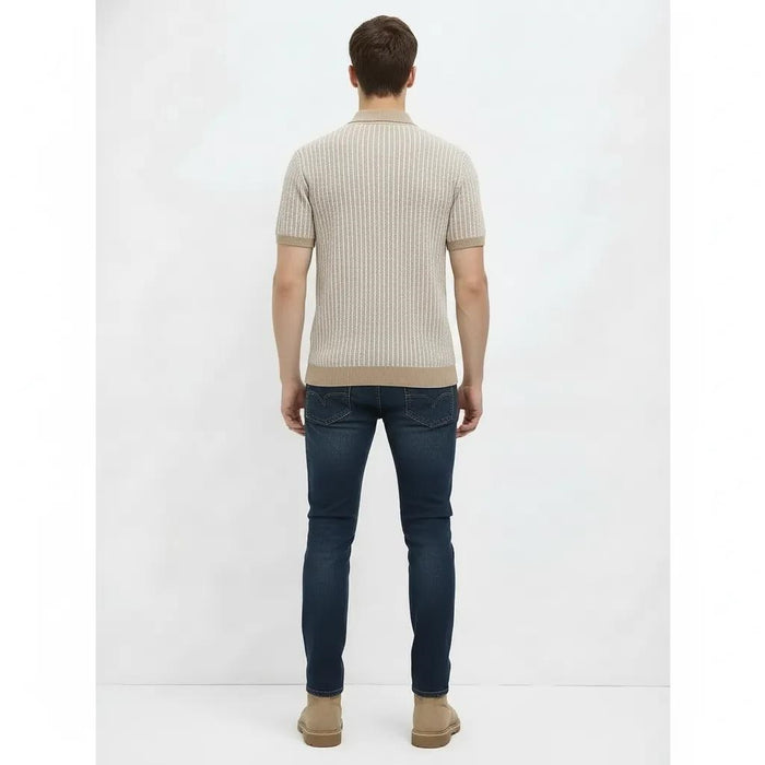 Men Khaki Melange Striped Polo Collar T-shirt