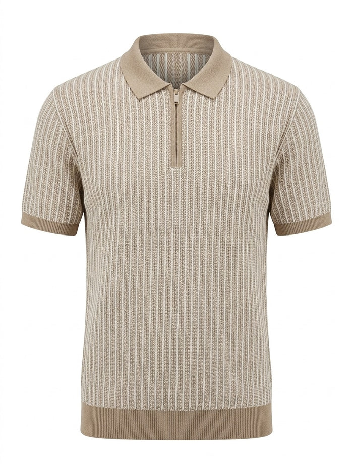 Men Khaki Melange Striped Polo Collar T-shirt