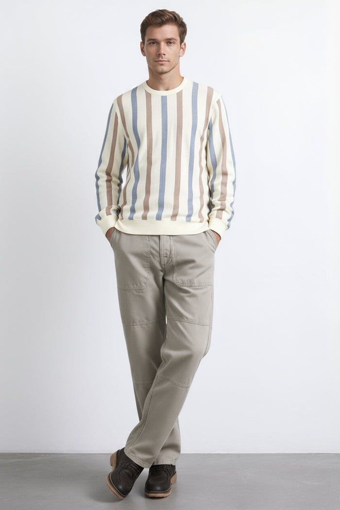 Men Khaki Melange Striped  Round Neck Pullover Sweater