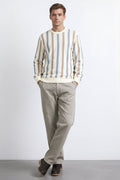 Men Khaki Melange Striped  Round Neck Pullover Sweater