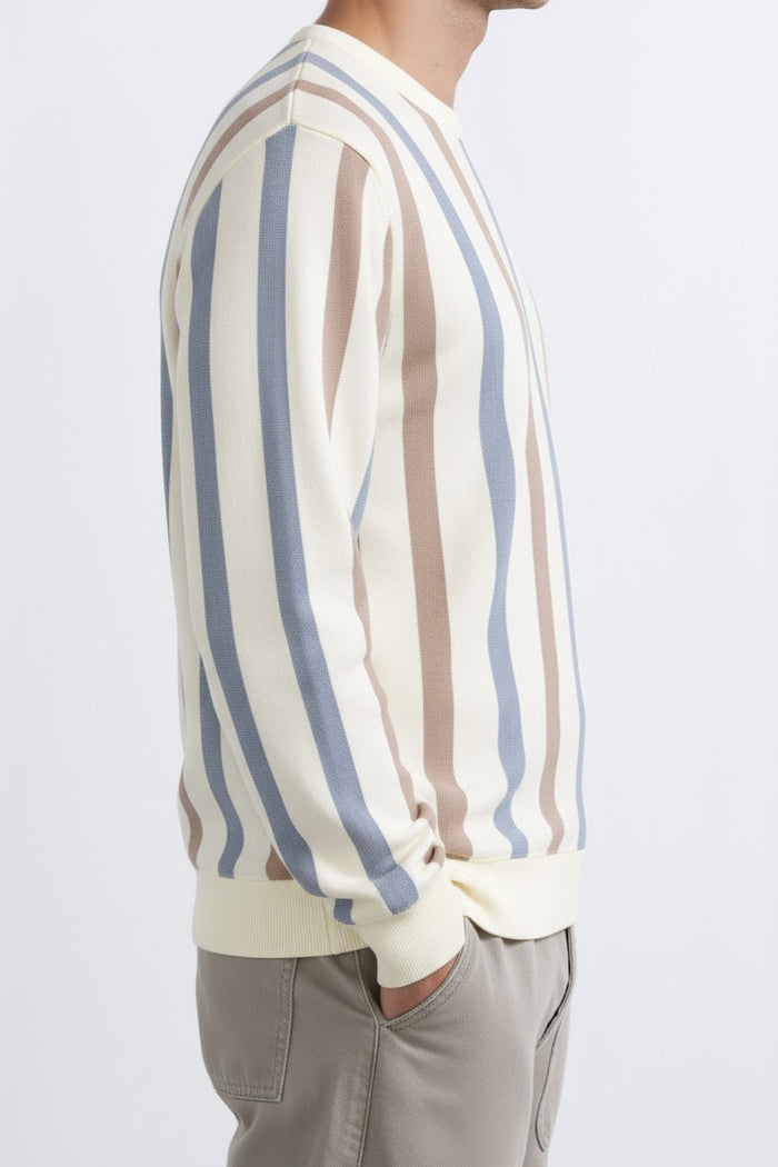 Men Khaki Melange Striped  Round Neck Pullover Sweater