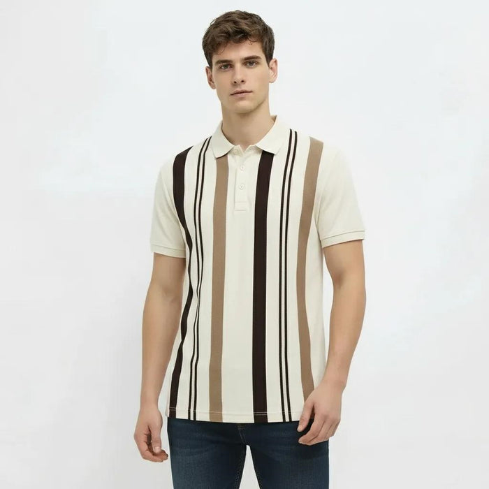 Men Khaki Striped Polo Collar T-shirt