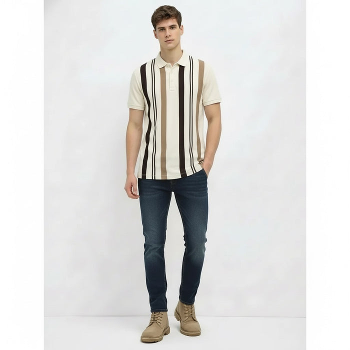Men Khaki Striped Polo Collar T-shirt