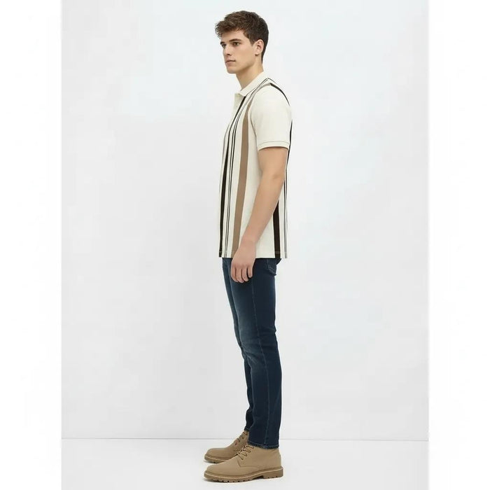 Men Khaki Striped Polo Collar T-shirt