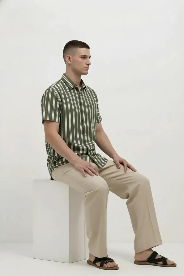 Men Light Olive Striped Casual Shirt