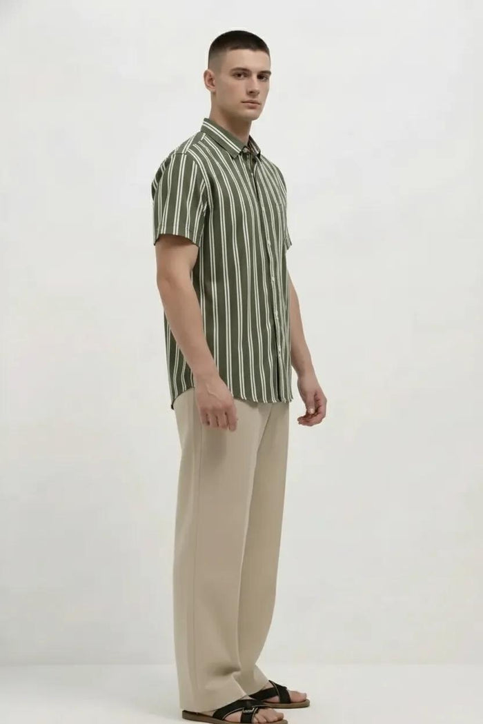 Men Light Olive Striped Casual Shirt