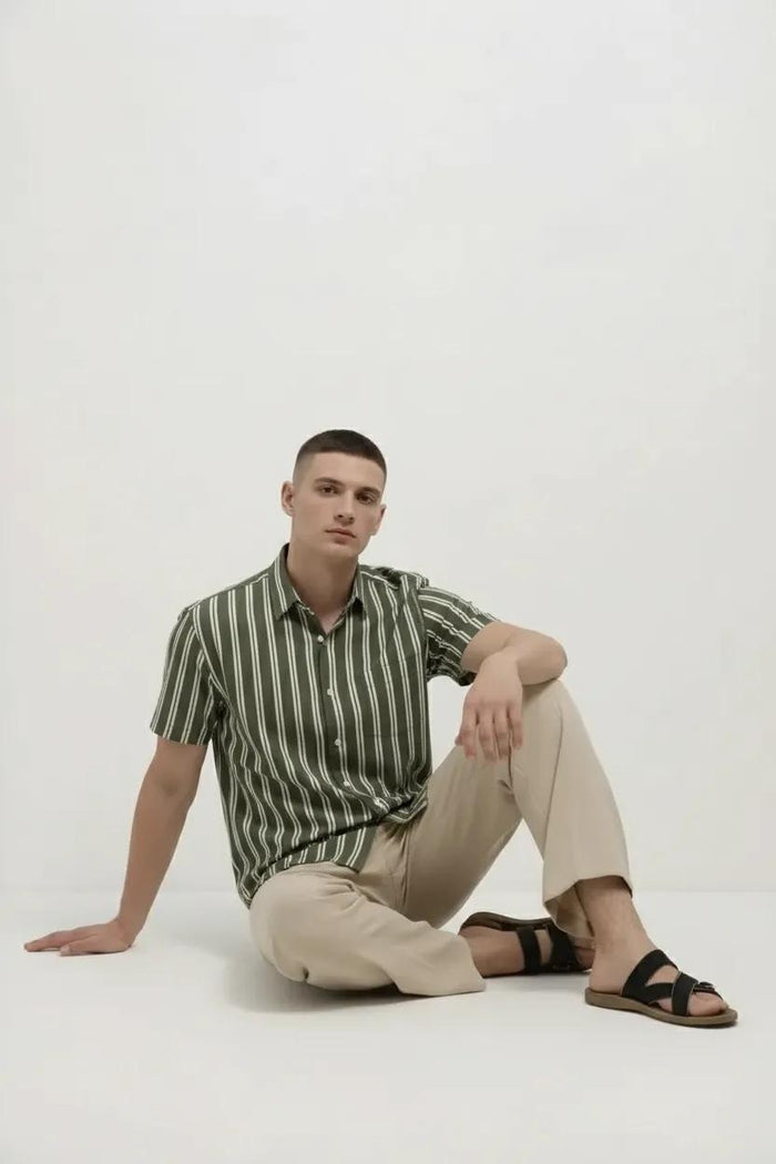 Men Light Olive Striped Casual Shirt