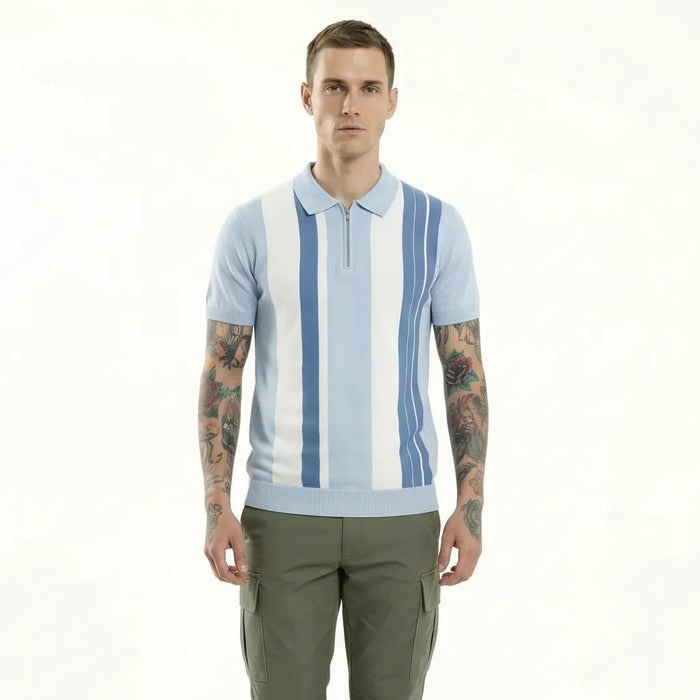 Men Light Sky Striped Polo Collar T-shirt