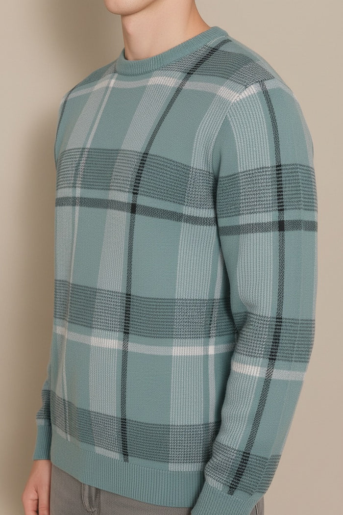 Men Light Teal Checked Round Neck Sweater