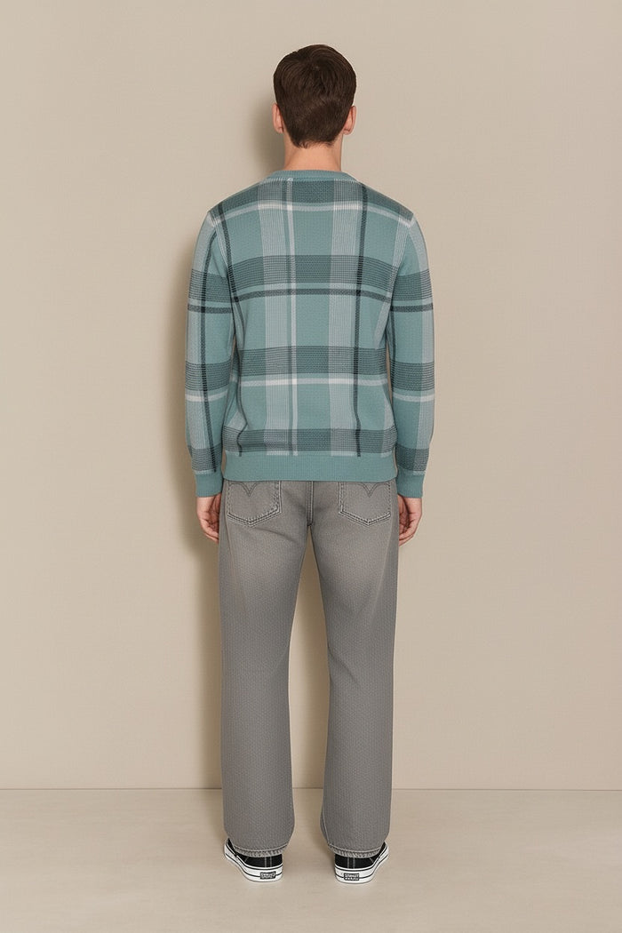 Men Light Teal Checked Round Neck Sweater