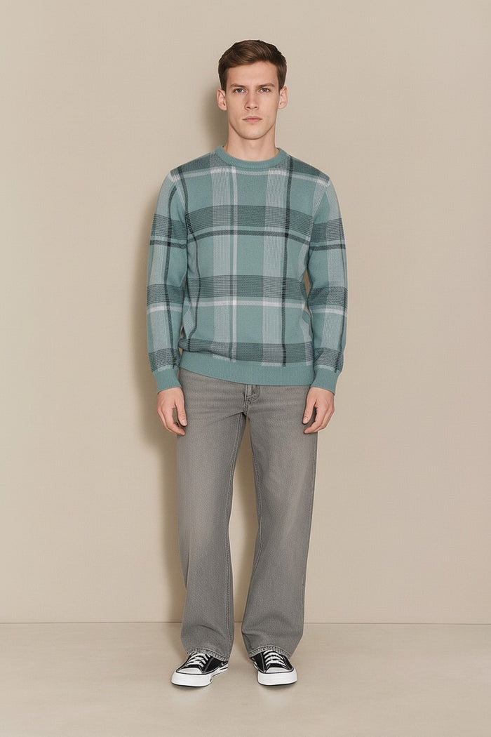 Men Light Teal Checked Round Neck Sweater