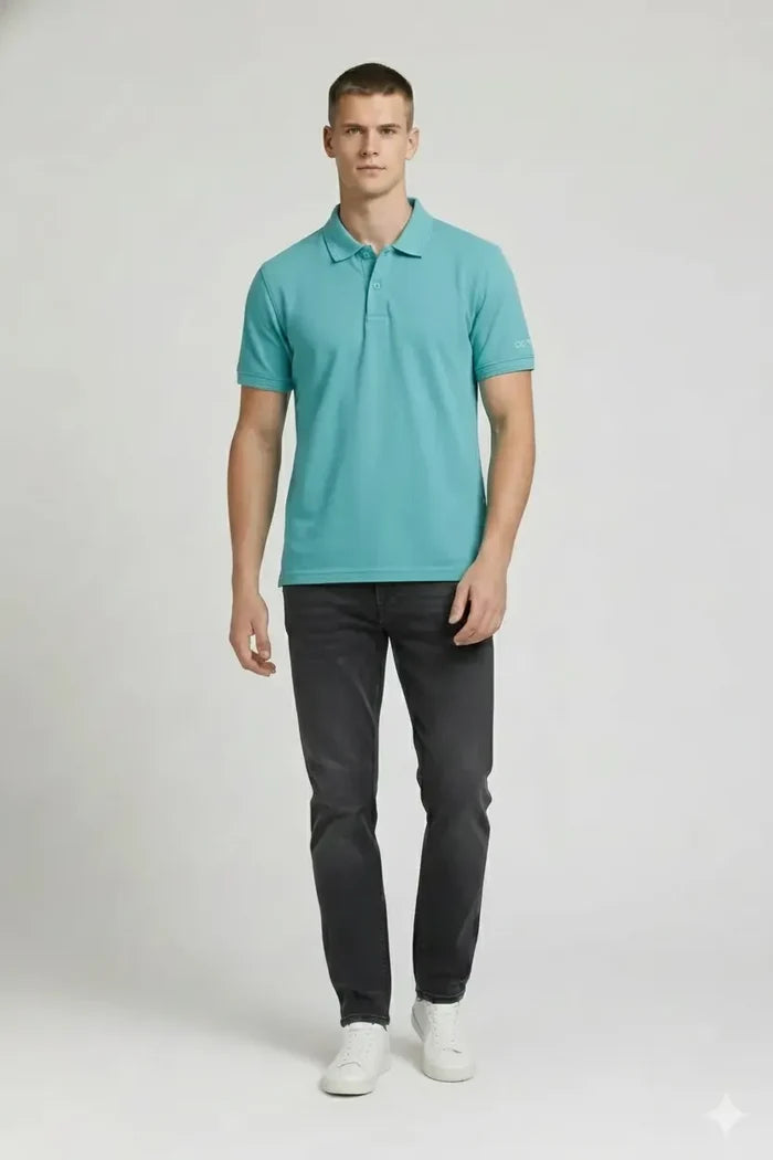 Men Light Teal Polo Collar T-shirt
