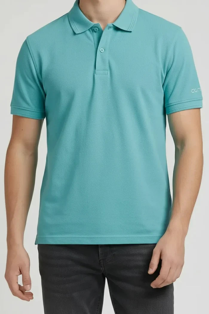 Men Light Teal Polo Collar T-shirt