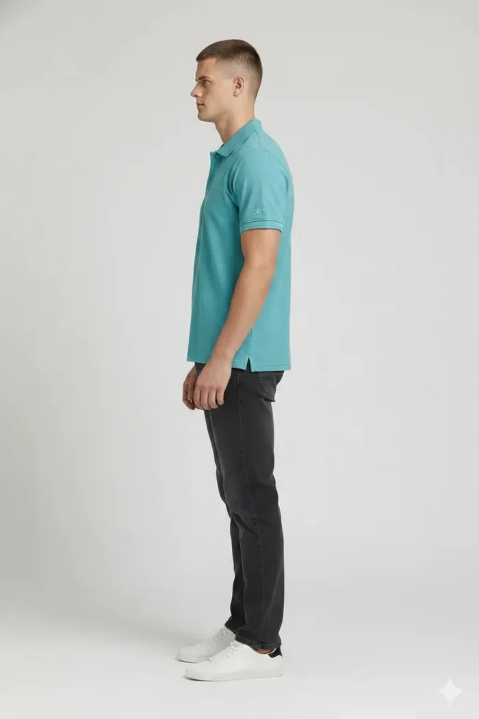 Men Light Teal Polo Collar T-shirt