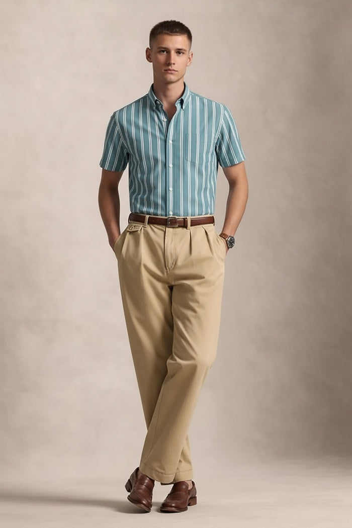 Men Light Teal Striped Casual Shirt