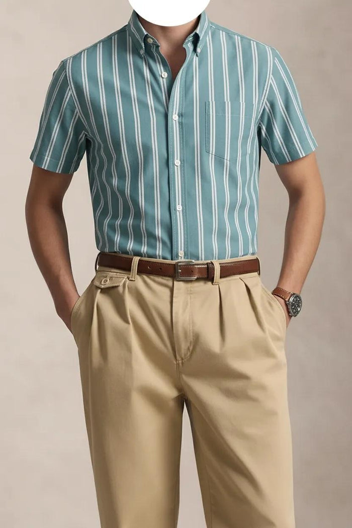Men Light Teal Striped Casual Shirt