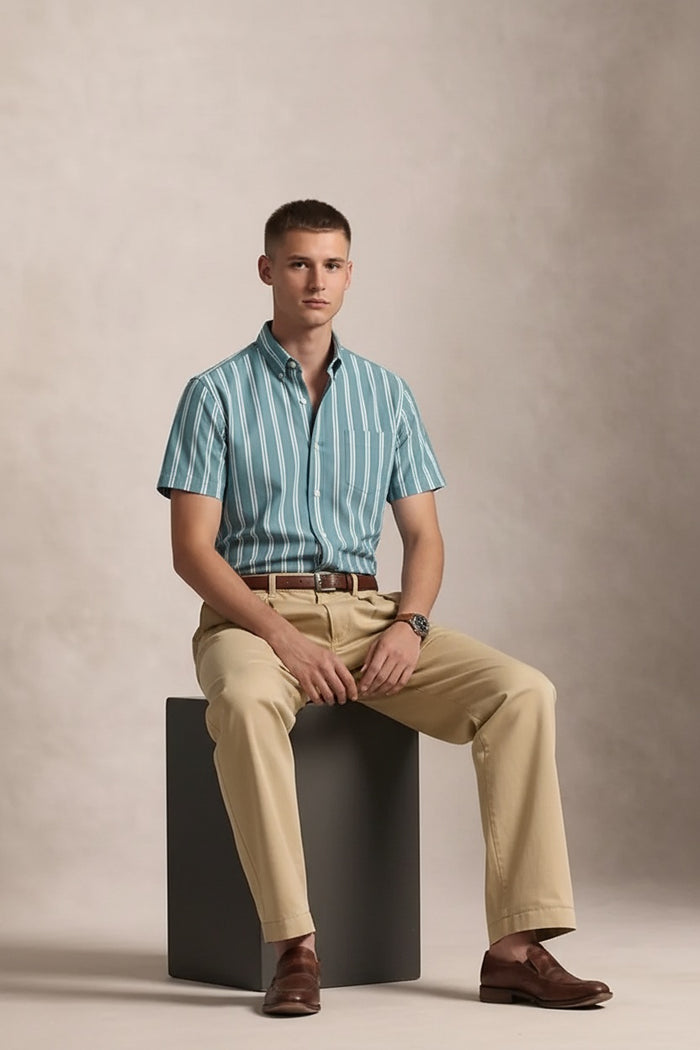 Men Light Teal Striped Casual Shirt
