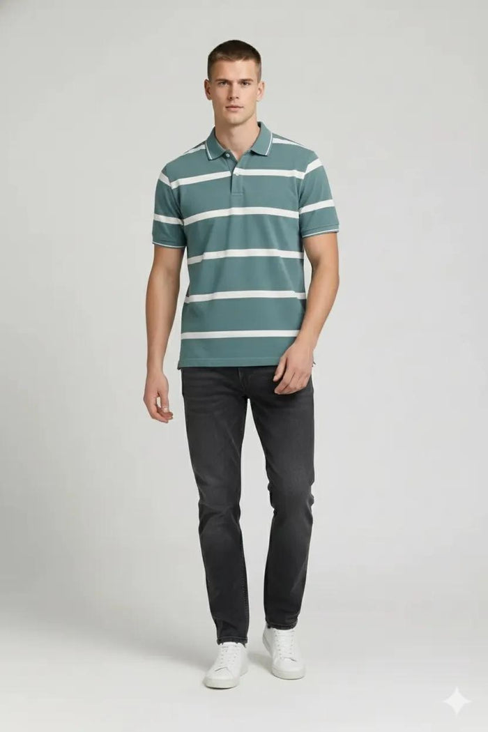 Men Light Teal Striped Polo Collar T-shirt