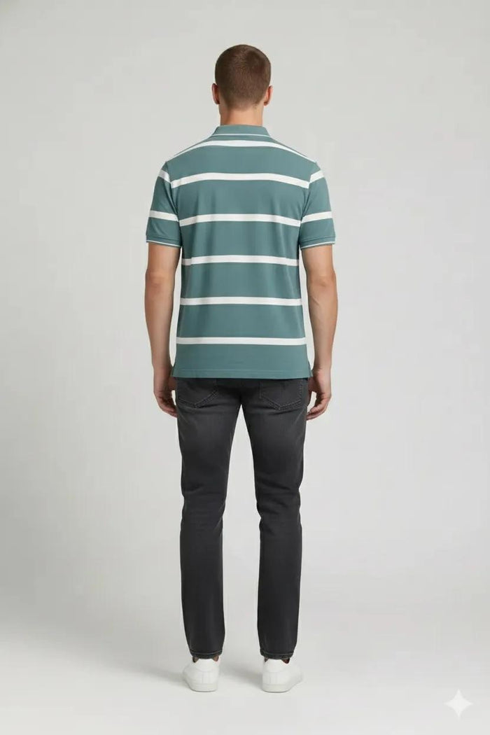 Men Light Teal Striped Polo Collar T-shirt