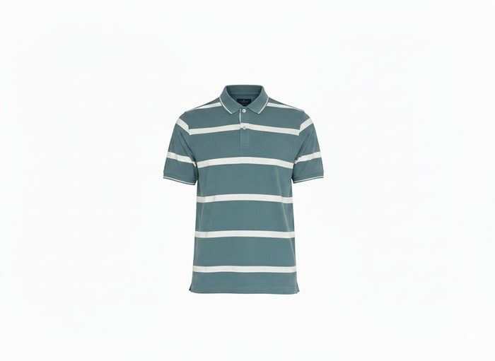 Men Light Teal Striped Polo Collar T-shirt